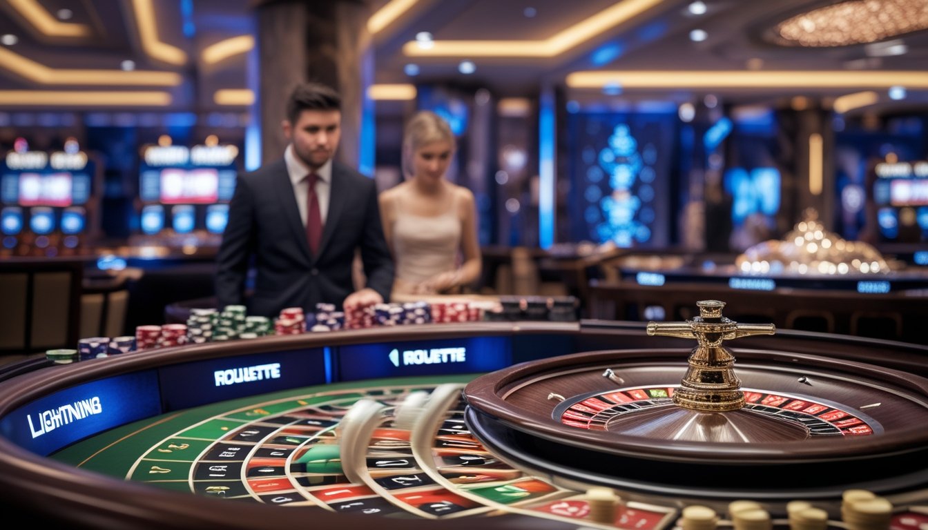 Seorang pemain berpakaian rapi memperhatikan roda roulette di meja kasino modern dengan tumpukan chip dan lampu latar yang mewah.