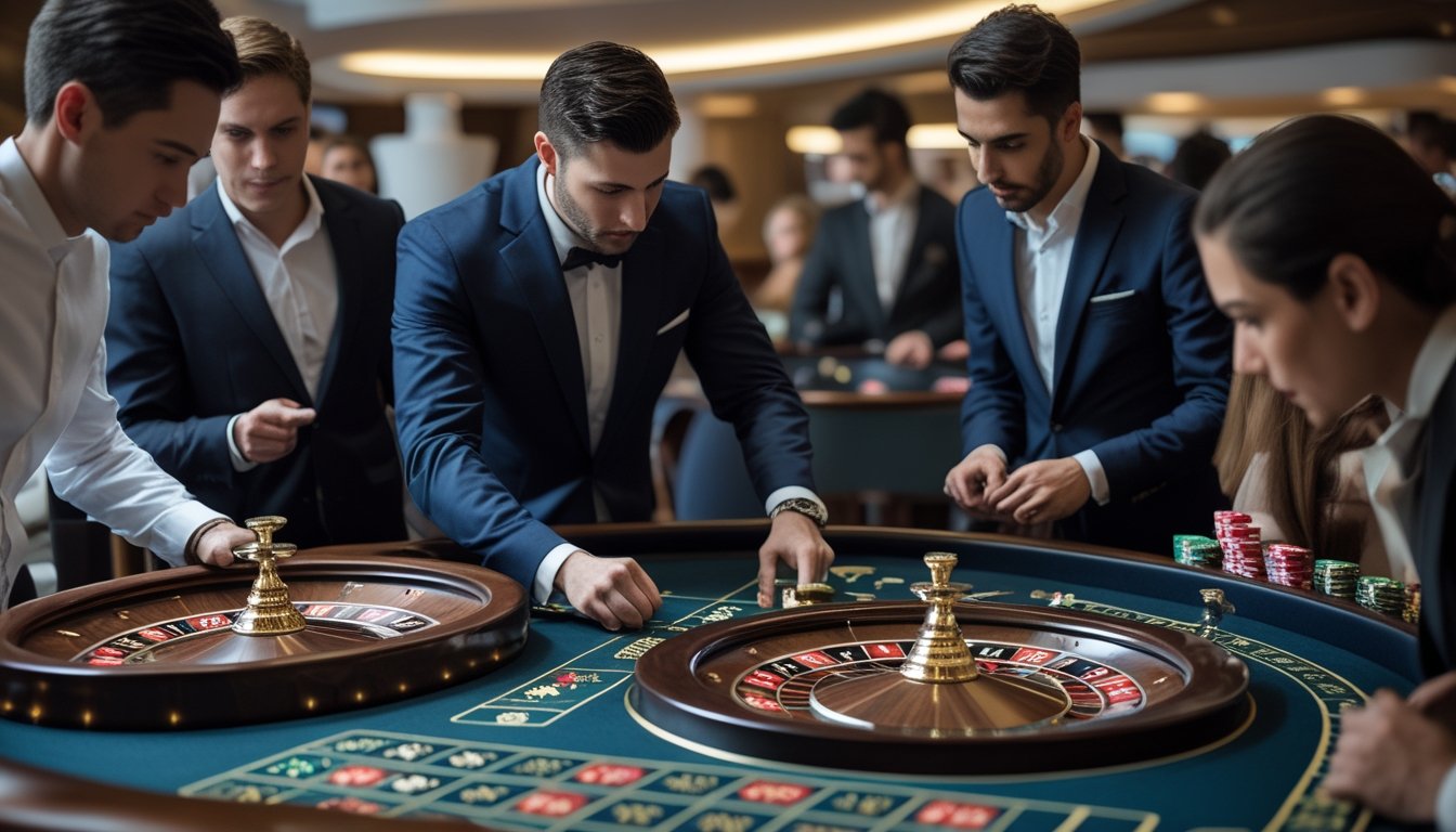 Seorang dealer dan beberapa pemain sedang bermain roulette di kasino modern dengan suasana yang elegan dan fokus pada permainan.