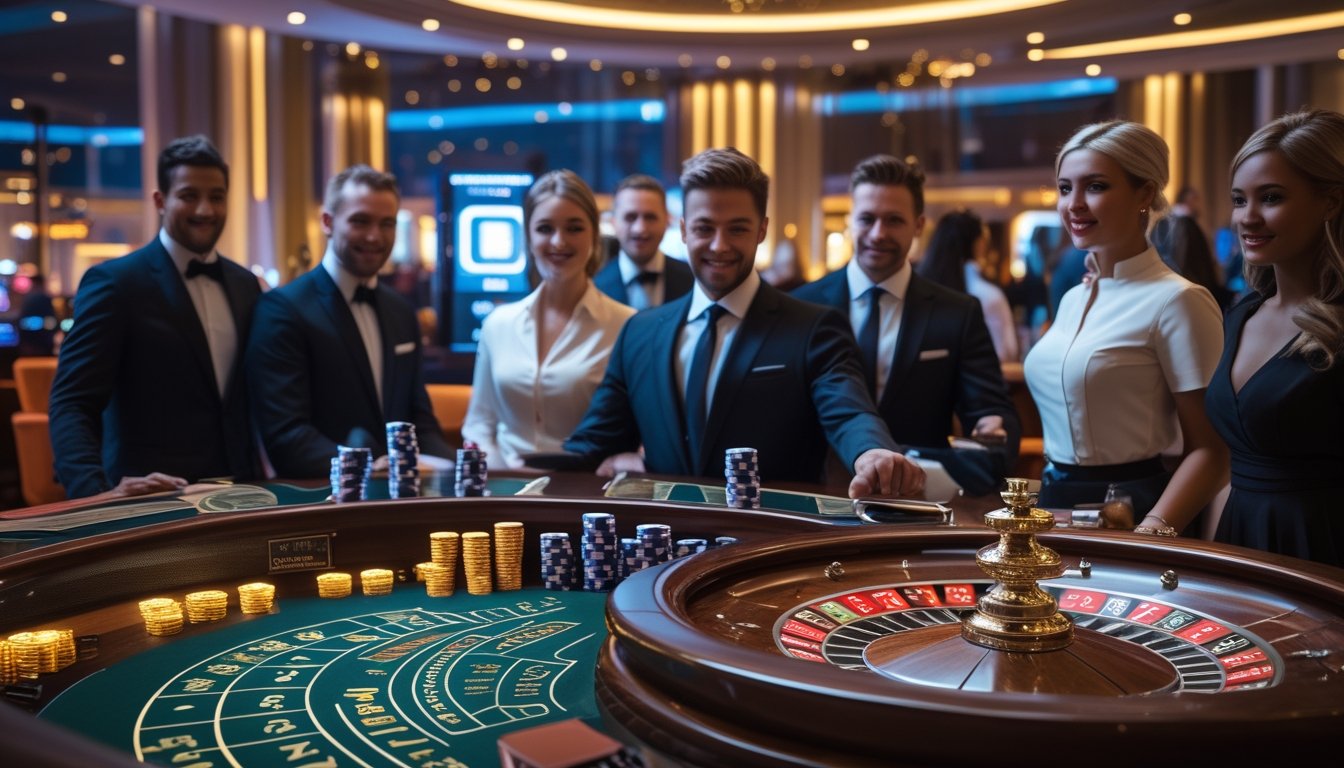 Meja roulette dengan pemain dan dealer yang sedang bermain secara langsung di kasino.