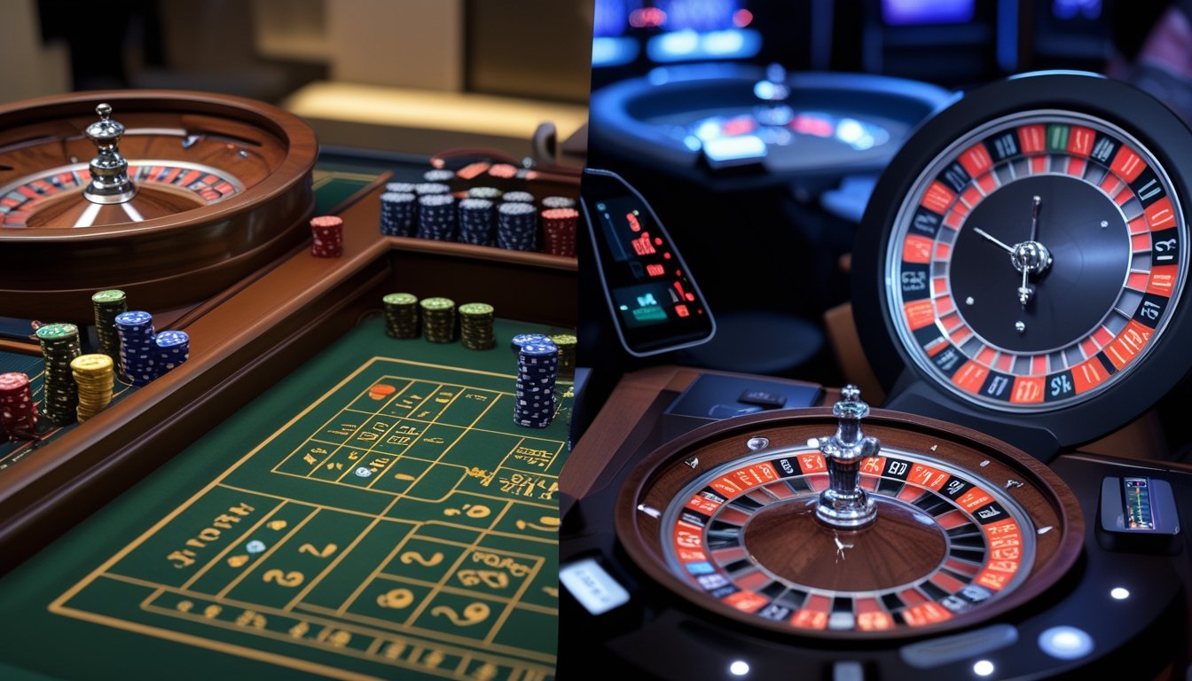 Dua meja roulette berdampingan, satu dengan roda roulette klasik dan satu lagi dengan roda roulette modern yang menyala, di dalam suasana kasino yang mewah.