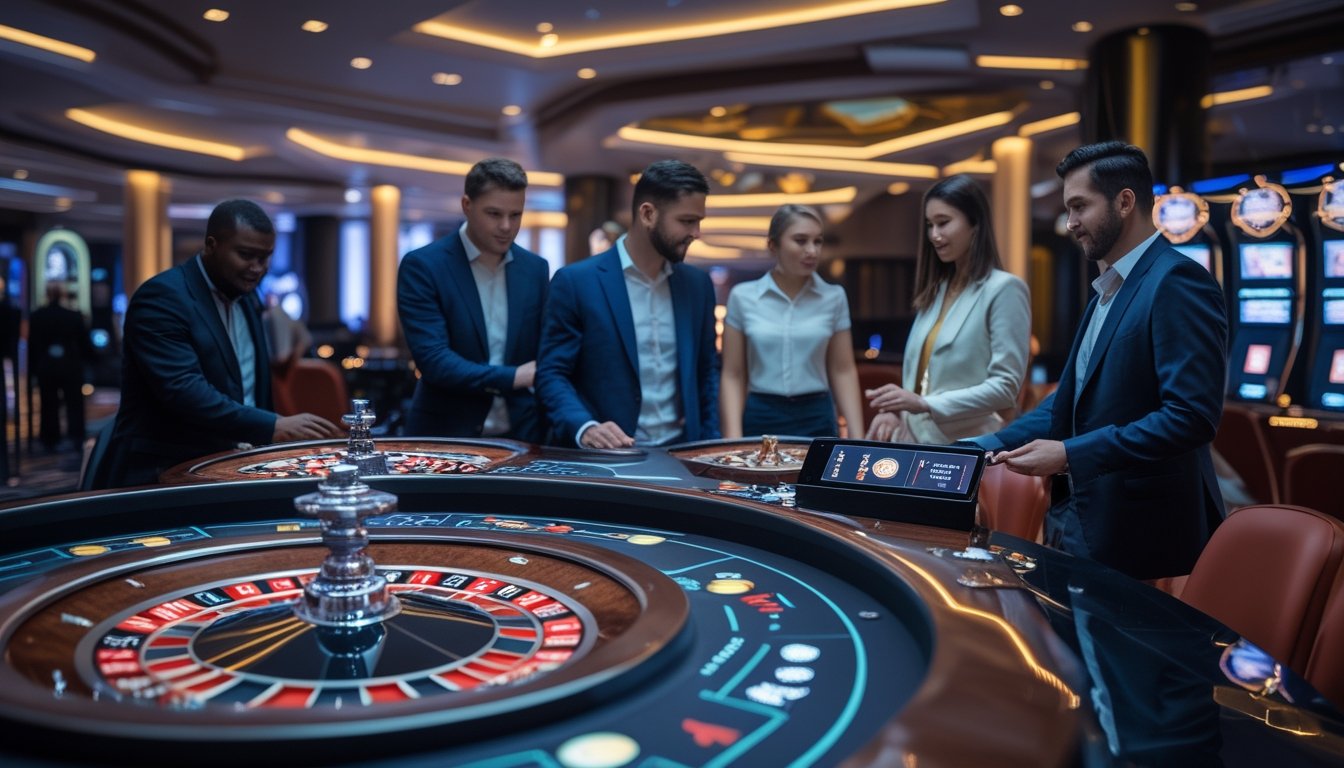 Beberapa pemain sedang bermain roulette di meja kasino modern dengan pencahayaan dinamis dan teknologi canggih.