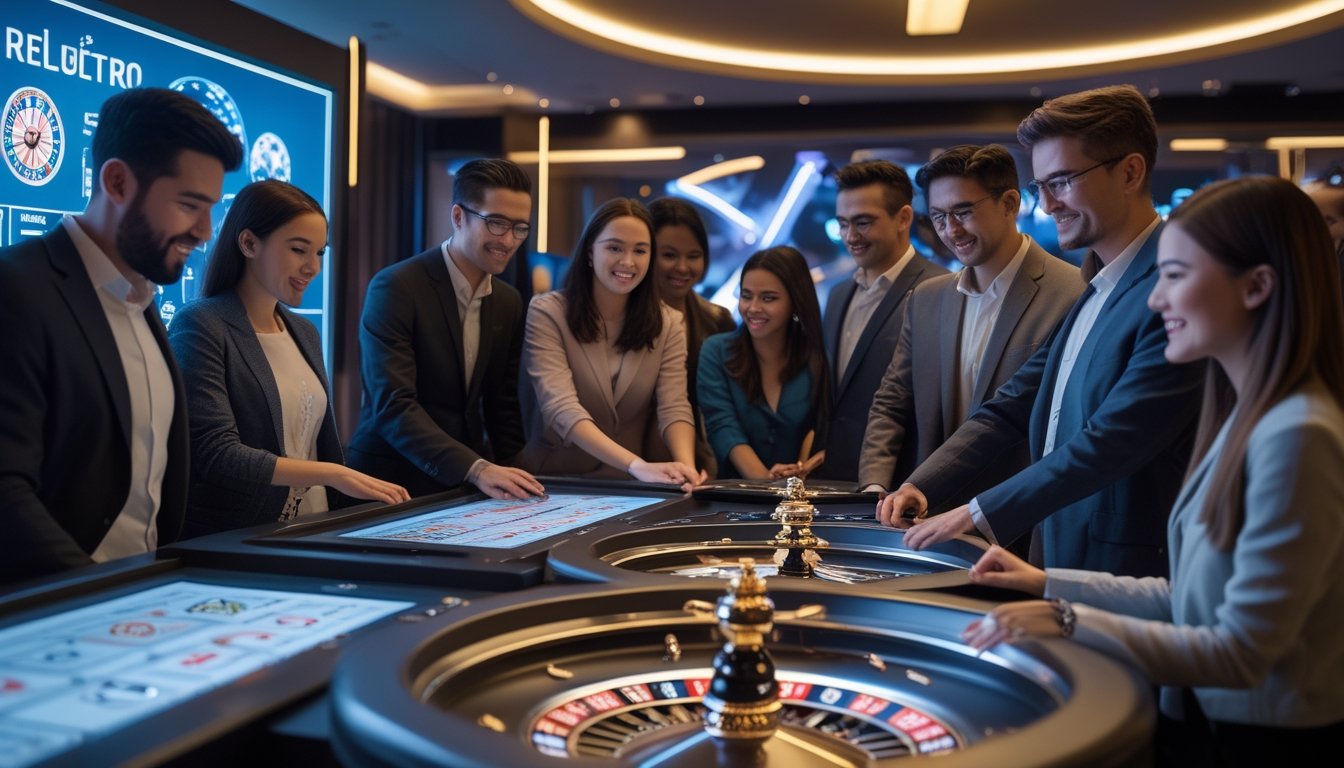 Sejumlah pemain sedang bermain roulette di meja kasino modern dengan teknologi canggih dan tampilan digital.