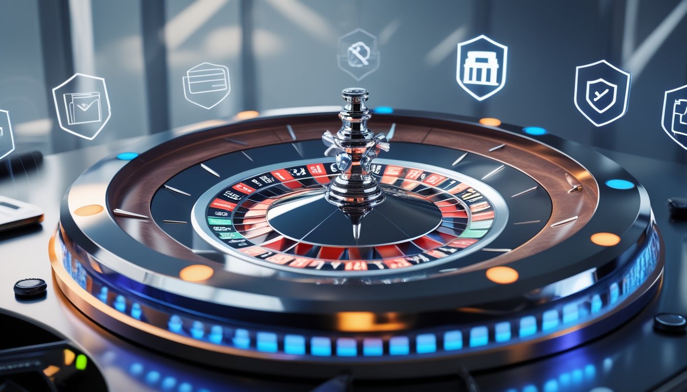Tampilan antarmuka kasino online dengan roda roulette digital dan ikon pembayaran yang menunjukkan transaksi cepat dan aman.