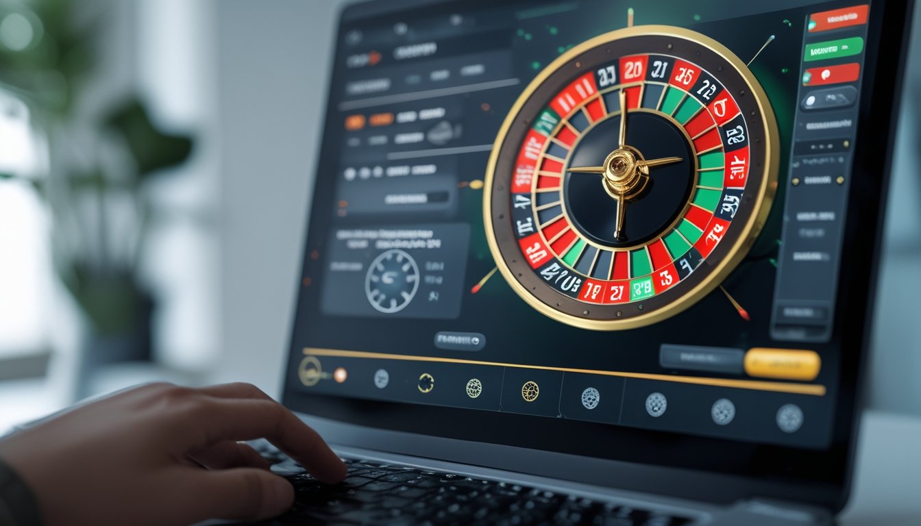 Seseorang menggunakan komputer dengan tampilan permainan roulette online yang menampilkan roda roulette berwarna merah, hitam, dan hijau di layar.