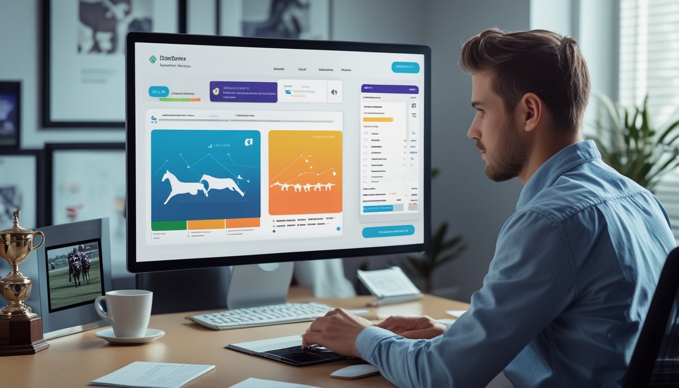 Seorang pria muda sedang menggunakan laptop di kantor modern dengan layar menampilkan ikon pacuan kuda dan grafik, dikelilingi oleh catatan dan smartphone di meja.