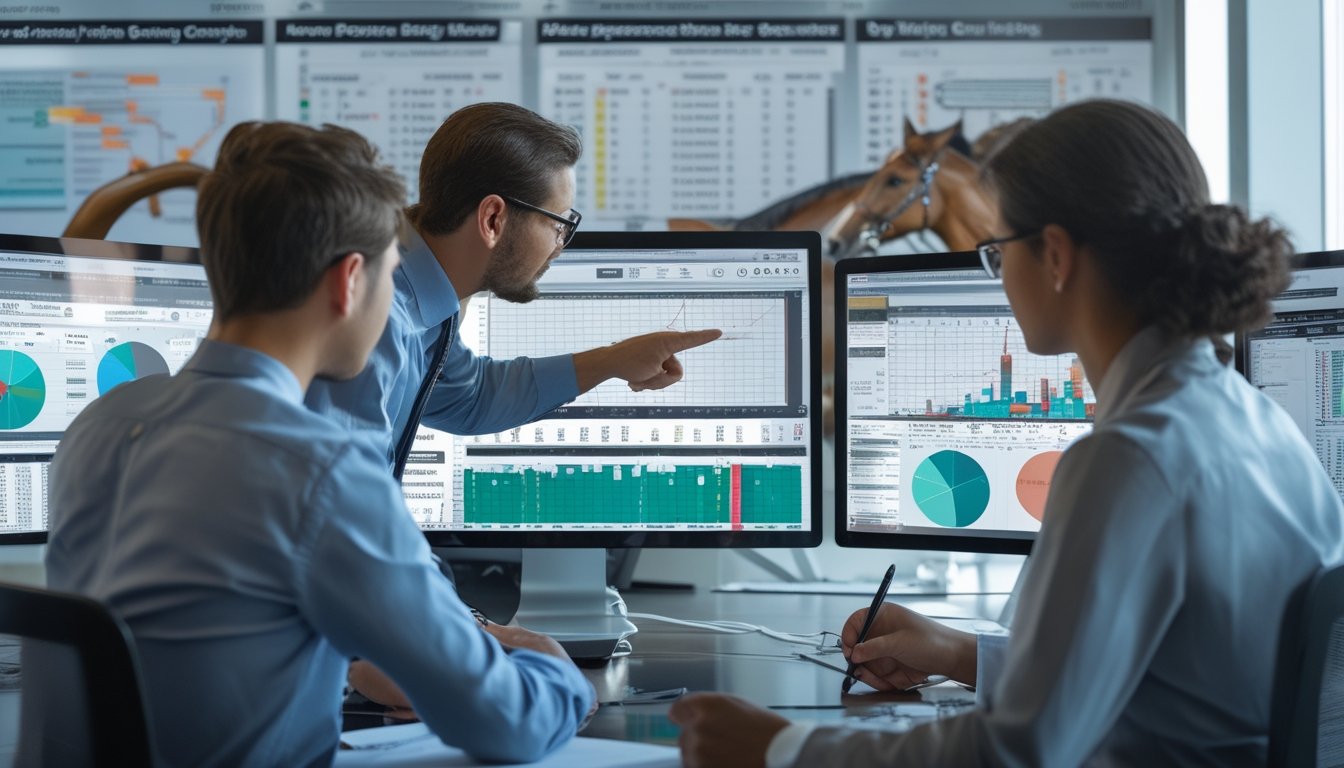 Sekelompok profesional sedang menganalisis data performa kuda pacuan dan statistik taruhan di kantor modern.