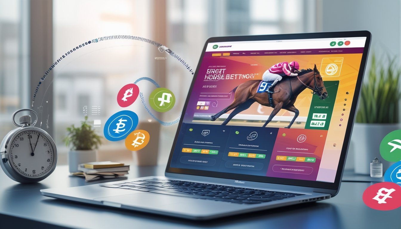 Sebuah laptop menampilkan situs taruhan pacuan kuda online dengan ikon pembayaran cepat dan elemen terkait kecepatan dan keandalan.