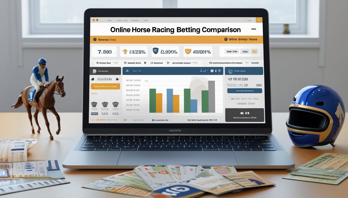 Sebuah meja kerja dengan laptop yang menampilkan beberapa platform taruhan pacuan kuda online, dikelilingi oleh figur kuda dan helm joki.