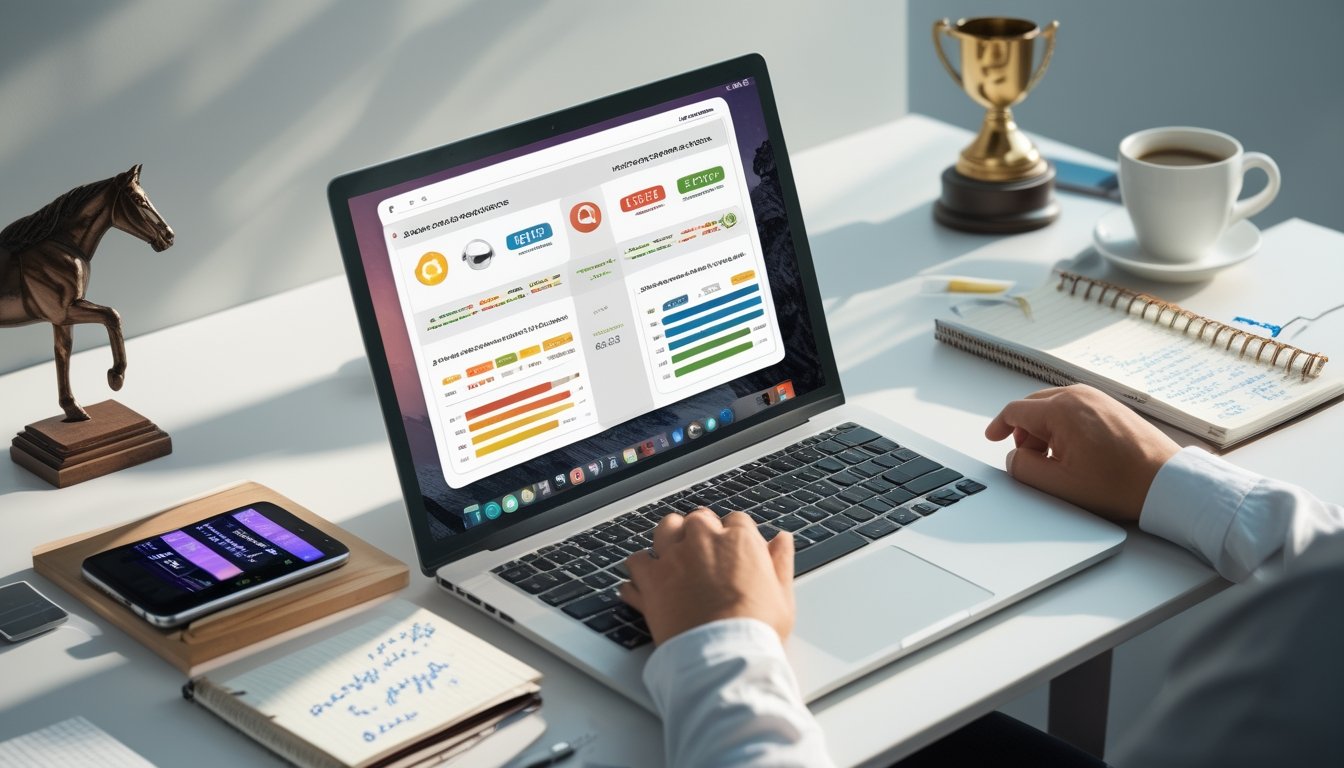 Seorang profesional sedang bekerja dengan laptop yang menampilkan grafik perbandingan platform taruhan pacuan kuda online di meja kerja dengan ponsel, catatan, dan cangkir kopi di sekitarnya.
