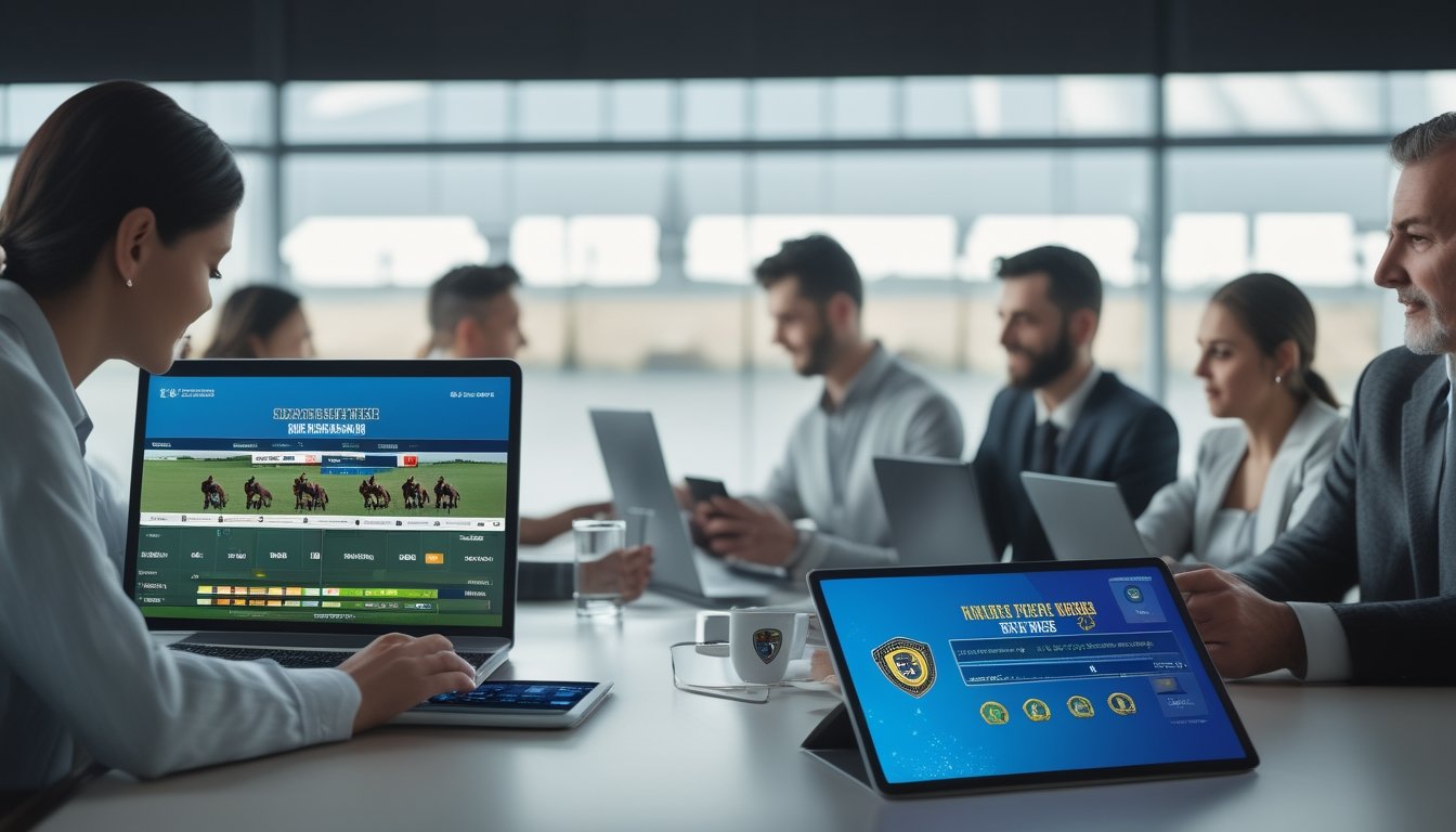 Orang-orang menggunakan perangkat digital untuk bertaruh pada pacuan kuda dengan suasana yang aman dan terpercaya.
