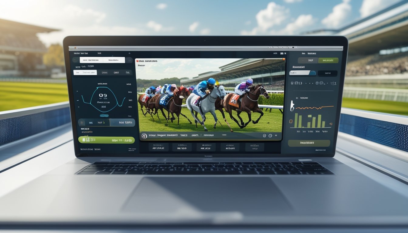 Layar digital menampilkan balapan kuda secara langsung dengan pembaruan odds waktu nyata di latar belakang trek pacuan dan penonton.