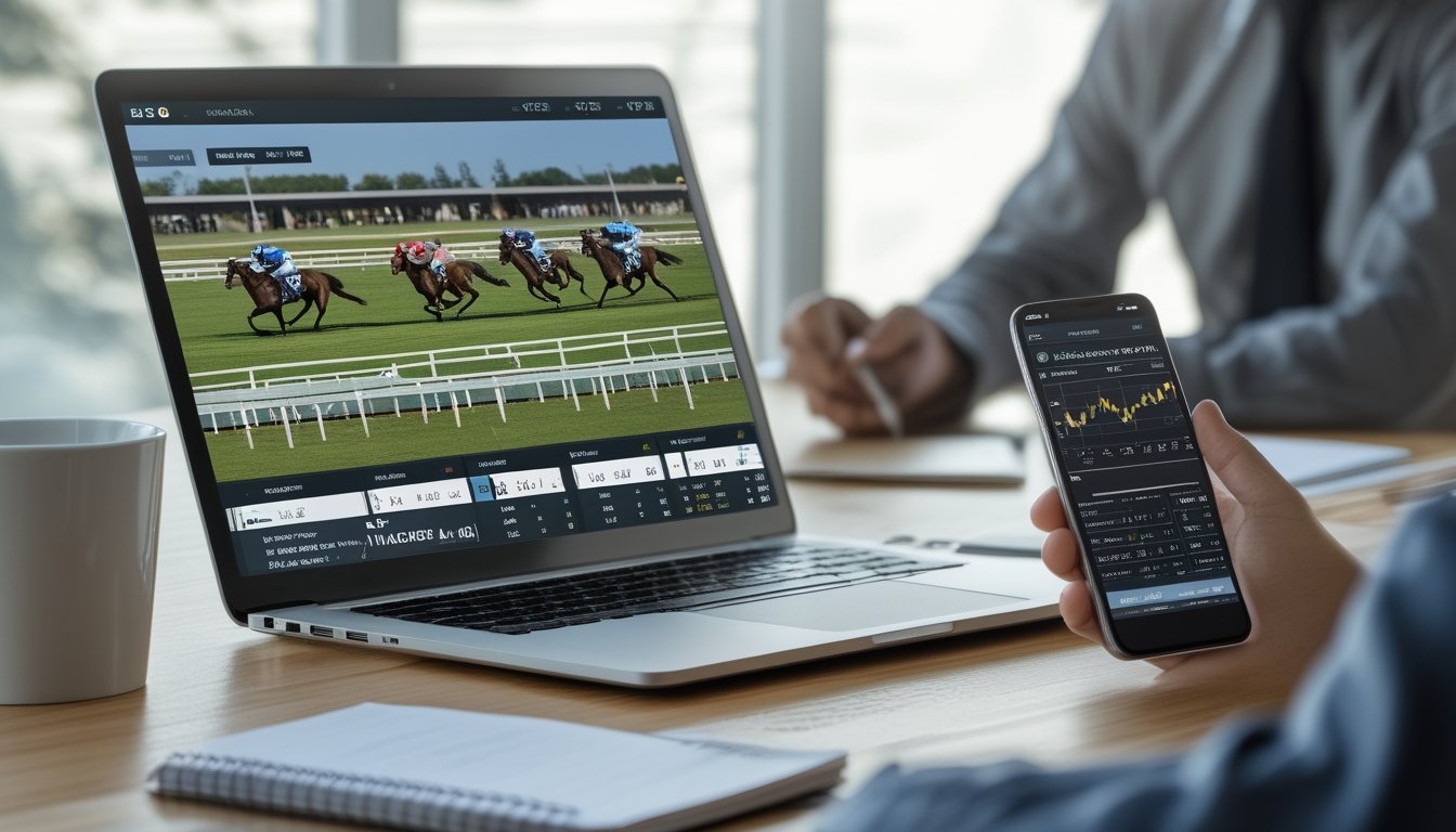Orang menggunakan laptop dan ponsel untuk melihat siaran langsung balapan kuda dan pembaruan odds taruhan secara real-time di meja kerja.