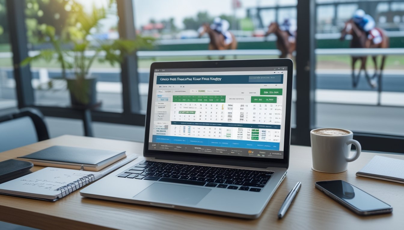 Seorang individu duduk di meja kerja dengan laptop yang menampilkan platform taruhan pacuan kuda online, dikelilingi oleh catatan, smartphone, dan cangkir kopi, dengan latar belakang jendela besar dan gambar pacuan kuda yang samar.