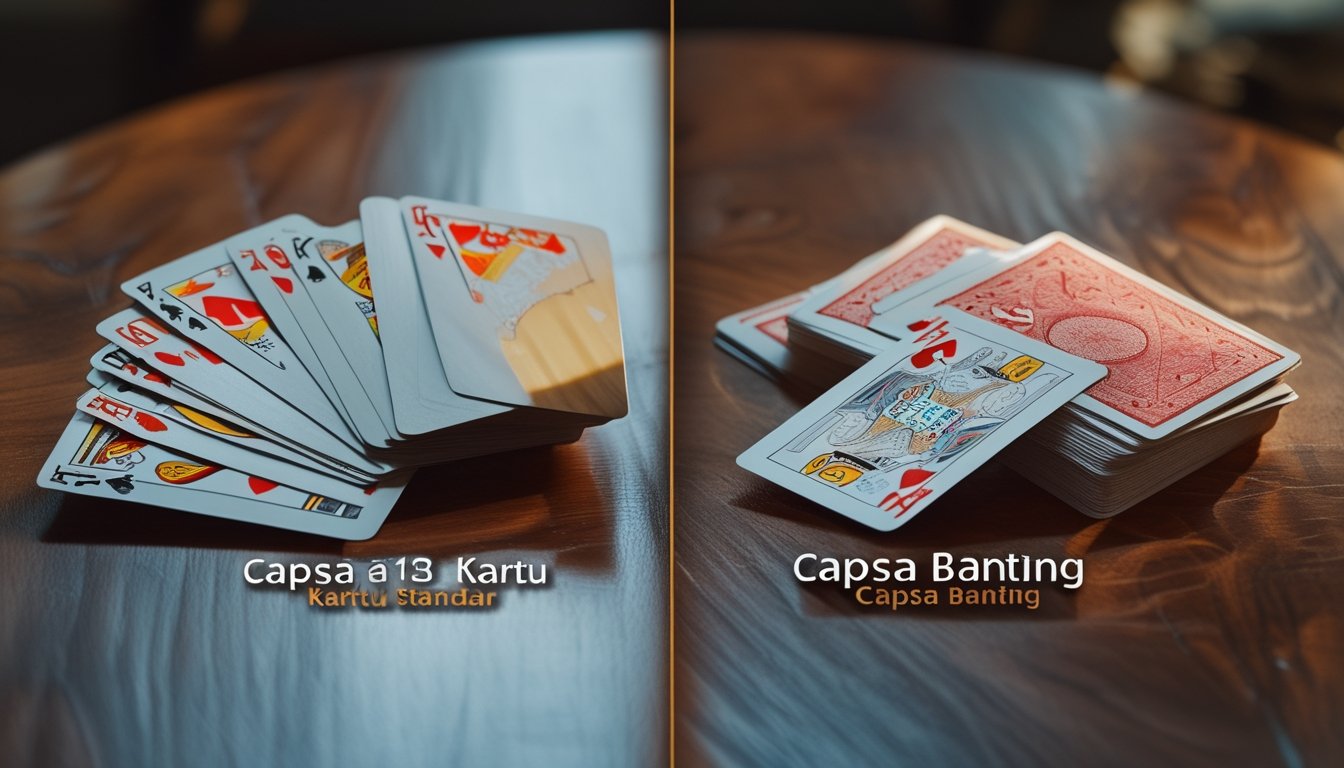 Dua set kartu bermain yang berbeda terletak di atas meja kayu, satu set kartu standar dengan 13 kartu tersusun rapi dan satu set kartu lain dengan susunan yang lebih dinamis.