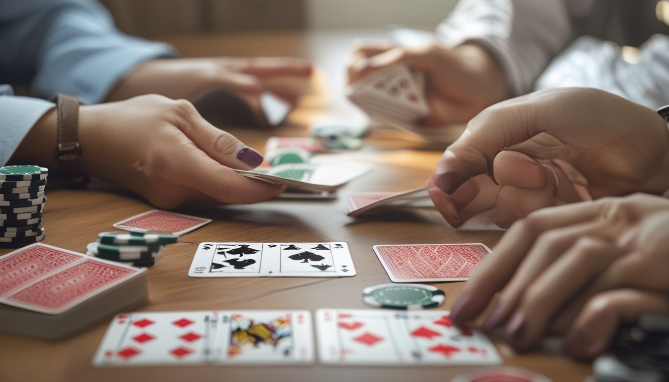 Dua orang sedang bermain kartu Capsa Banting dan Capsa 13 Kartu di atas meja kayu dengan kartu dan chip taruhan di sekitar.