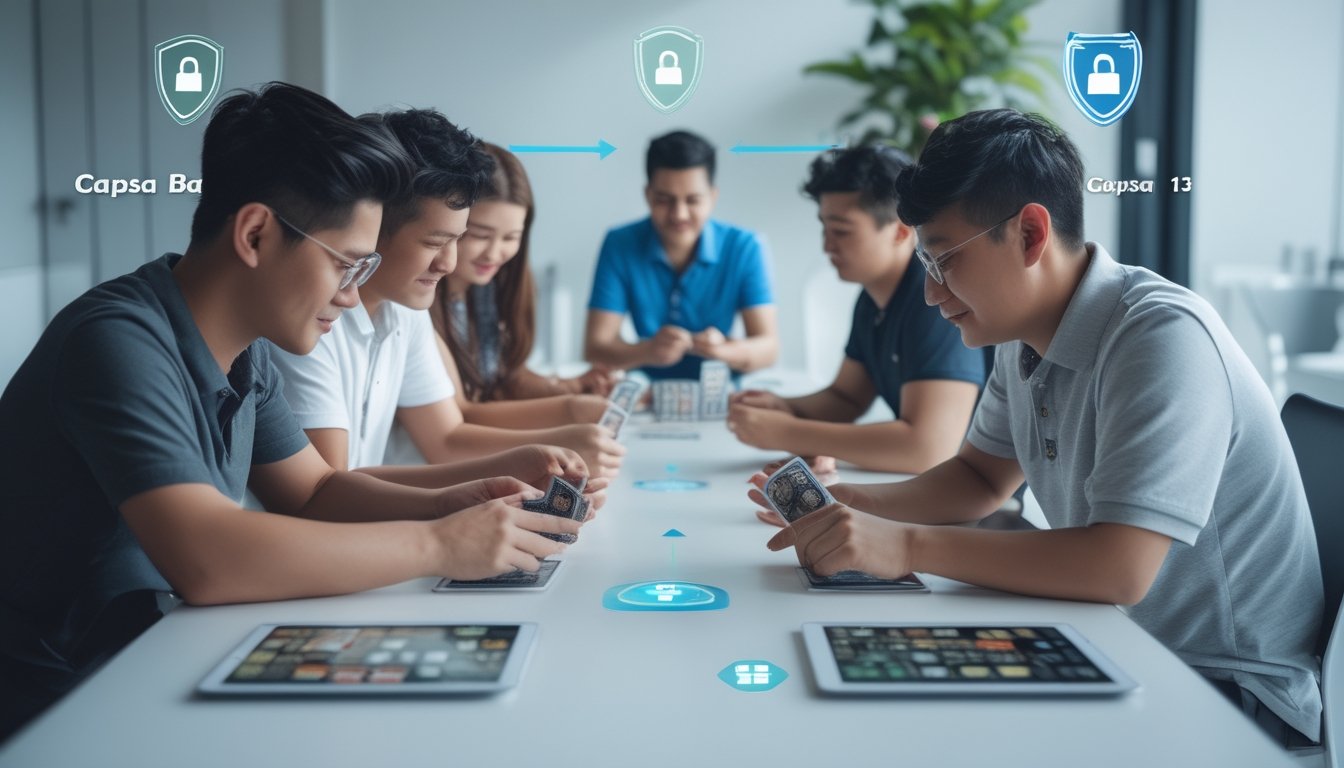Beberapa orang bermain kartu Capsa menggunakan perangkat digital di meja dengan suasana aman dan nyaman.