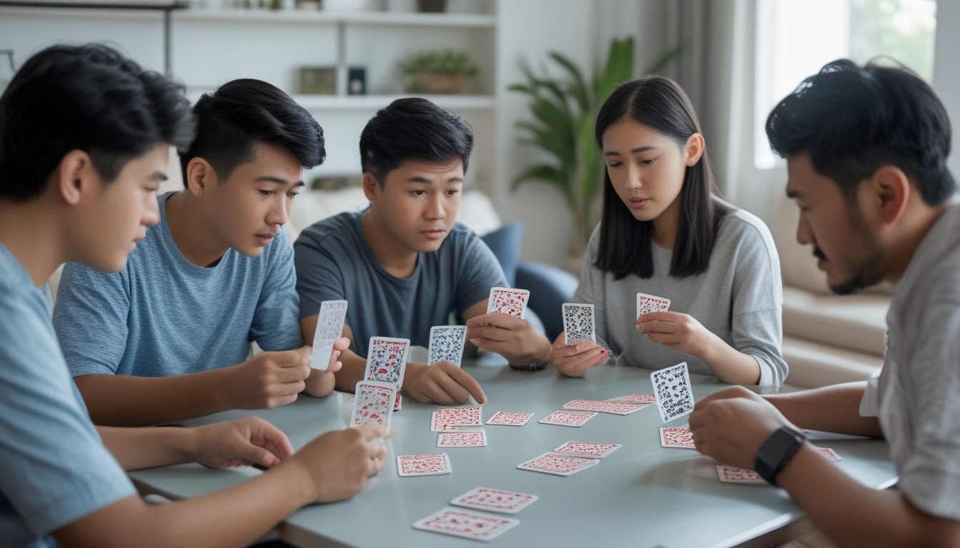 Sekelompok orang muda bermain kartu Capsa Banting di meja, terlihat fokus dan sedang belajar bermain.