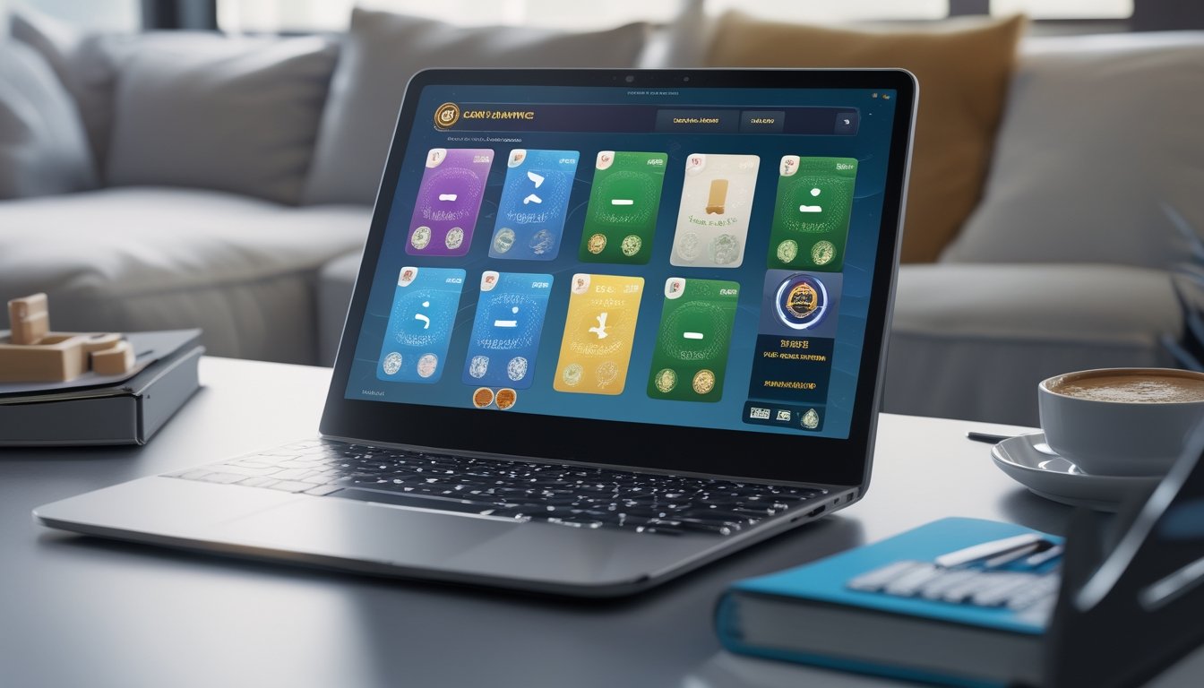 Seseorang menggunakan laptop dengan tampilan permainan Capsa Banting di meja yang rapi dan terang.