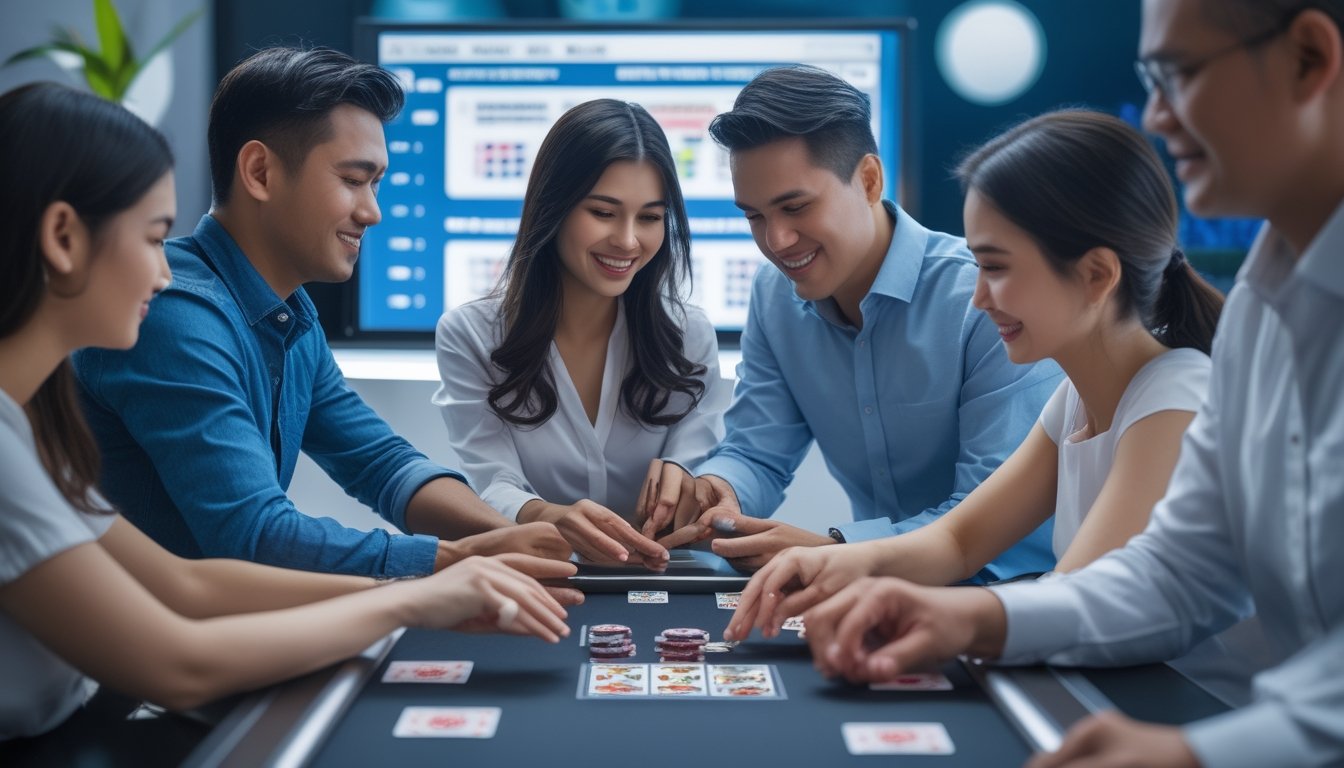 Beberapa orang dewasa bermain Capsa Banting di meja dengan kartu dan chip permainan, di latar belakang terlihat perangkat digital yang menampilkan antarmuka permainan.