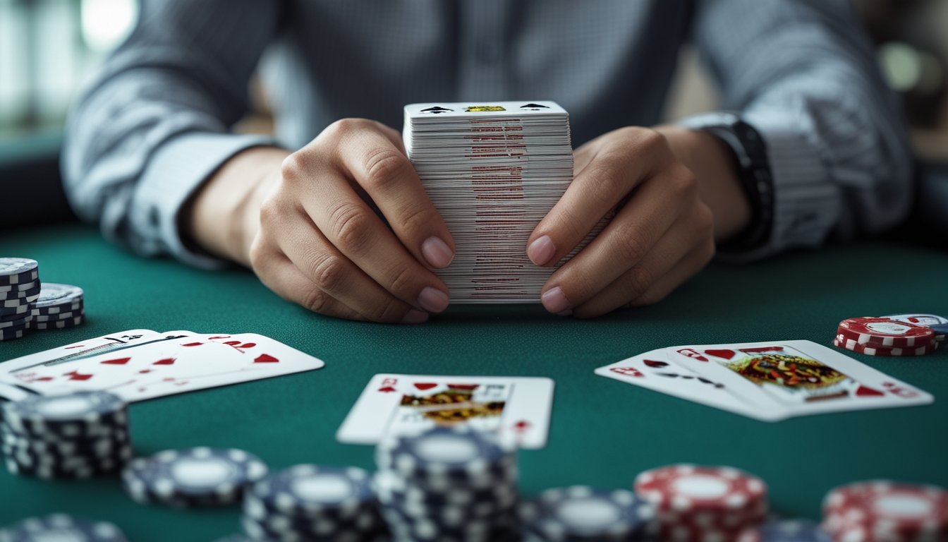 Tangan pemain memegang kartu permainan Capsa di atas meja hijau dengan chip poker dan kartu lain yang tersebar.
