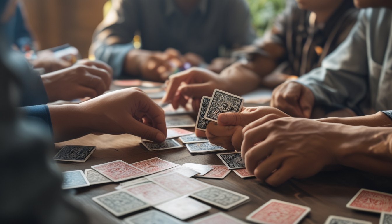 Beberapa orang sedang bermain kartu Capsa Banting dan Capsa 13 Kartu Standar di atas meja kayu dengan fokus pada kartu dan tangan pemain yang sedang memegang kartu.