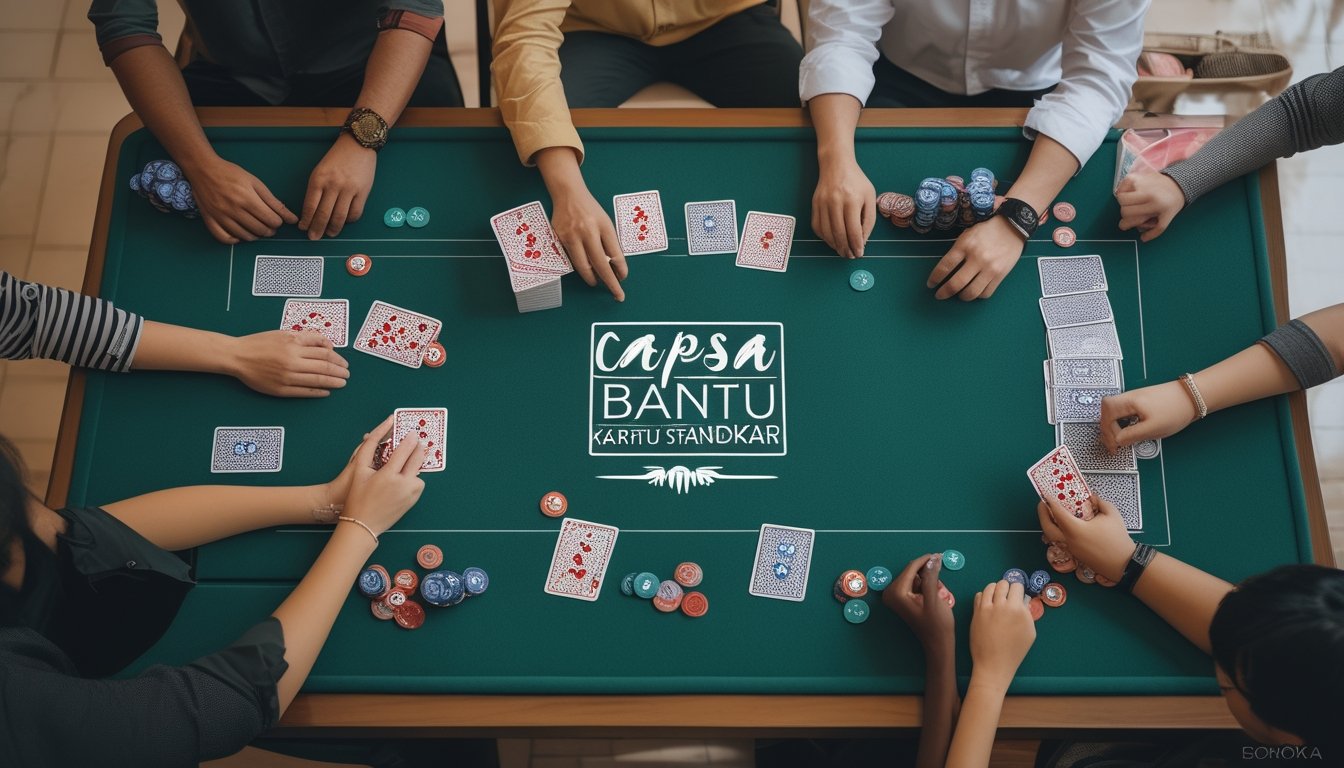 Meja poker dengan kartu dan chip yang tersusun rapi, tangan pemain sedang bermain kartu Capsa.