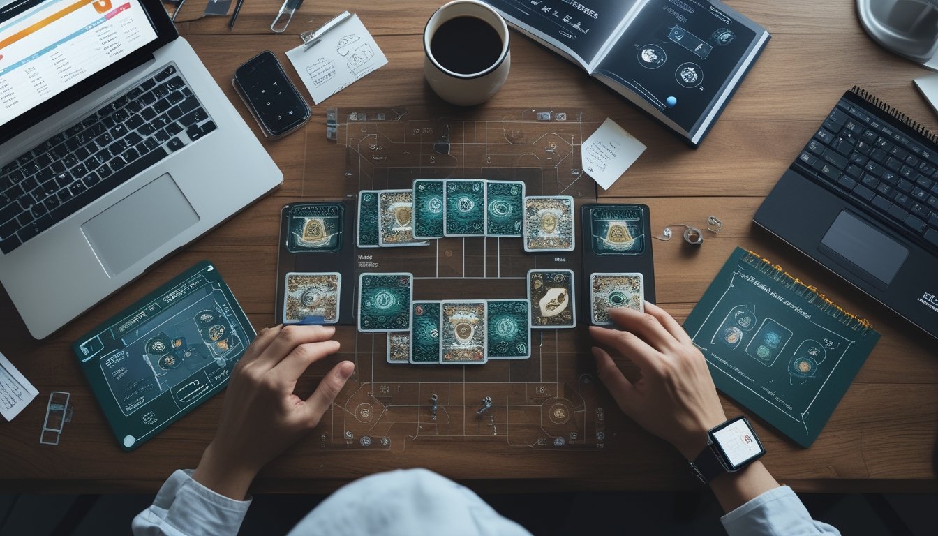 Pemandangan atas meja kerja dengan 13 kartu permainan yang tersusun rapi, laptop, buku catatan, ponsel, dan secangkir kopi, menggambarkan suasana perencanaan strategi permainan kartu.