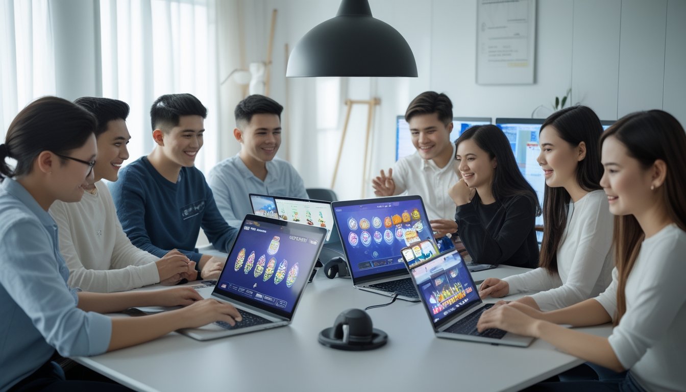 Sekelompok orang muda sedang bermain permainan kartu Capsa secara online dengan perangkat digital di meja yang rapi dan terang.