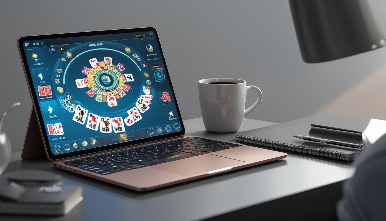Seseorang bermain Capsa Banting di perangkat digital dengan kartu yang terlihat jelas di layar dalam suasana nyaman.