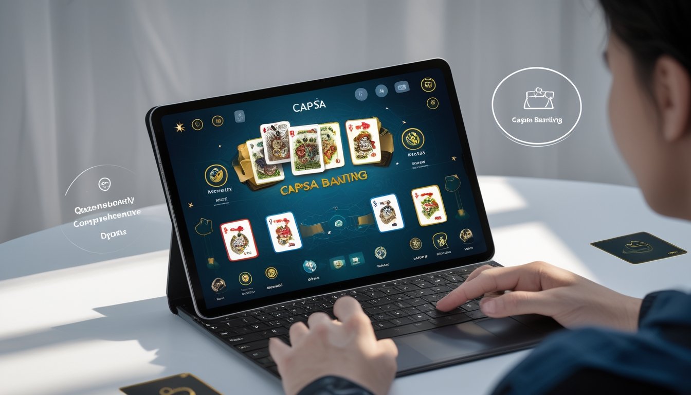 Seorang pemain menggunakan perangkat digital untuk bermain Capsa Banting dengan antarmuka permainan terlihat jelas di layar.