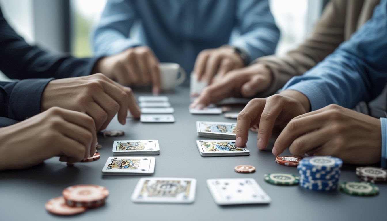 Orang-orang sedang bermain kartu Capsa dengan fokus dan strategi di meja permainan.