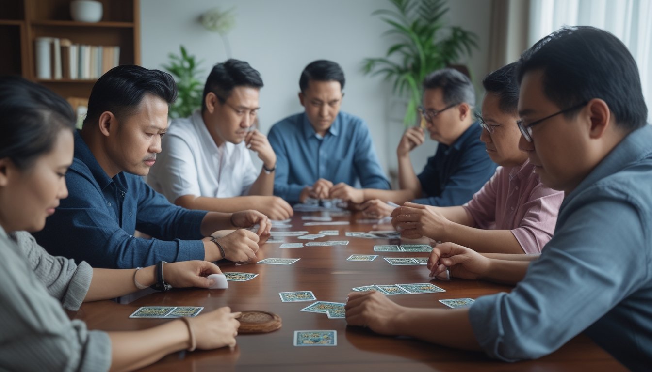 Sekelompok orang bermain kartu Capsa Banting dan Capsa 13 Kartu Standar dengan fokus dan serius di sekitar meja kayu.