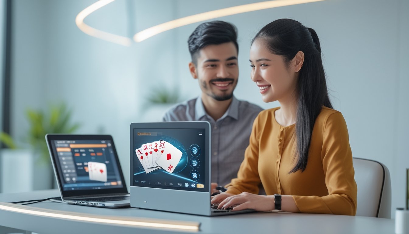 Dua orang dewasa muda duduk di meja dengan perangkat digital yang menampilkan permainan poker, terlihat percaya diri dan senang dalam suasana yang modern dan bersih.