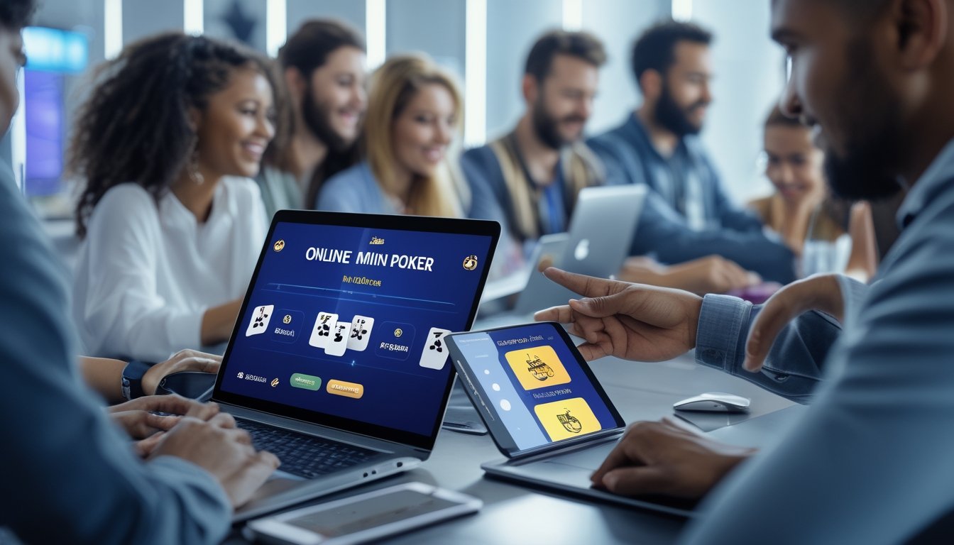 Beberapa orang menggunakan perangkat digital untuk bermain mini poker online dengan tampilan antarmuka permainan dan ikon pembayaran digital.