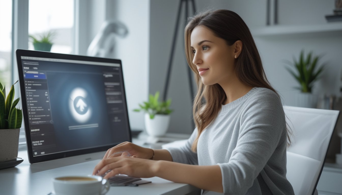Seorang wanita muda duduk di meja kerja dengan laptop, terlihat fokus dan serius dalam memilih platform permainan poker online yang aman.