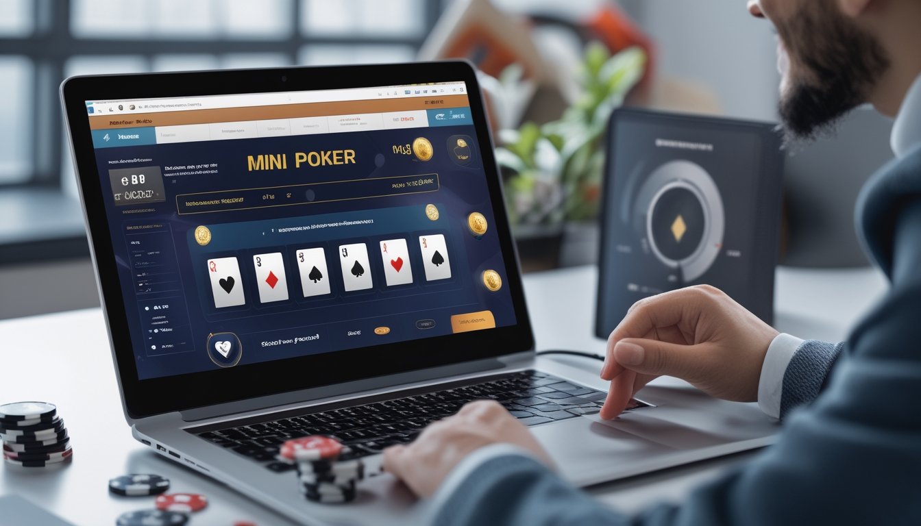 Seseorang menggunakan laptop dengan tampilan permainan mini poker online di meja kerja modern.