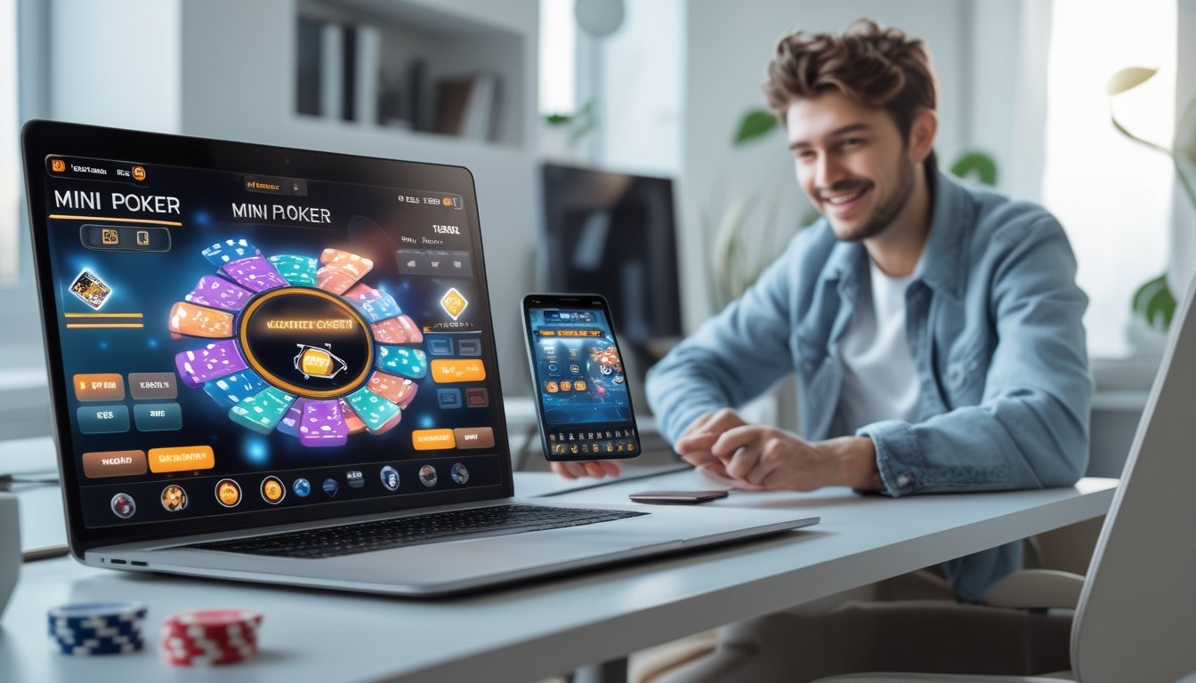 Seseorang menggunakan laptop dan ponsel yang menampilkan permainan mini poker online dengan antarmuka permainan modern di ruang kerja yang terang dan rapi.