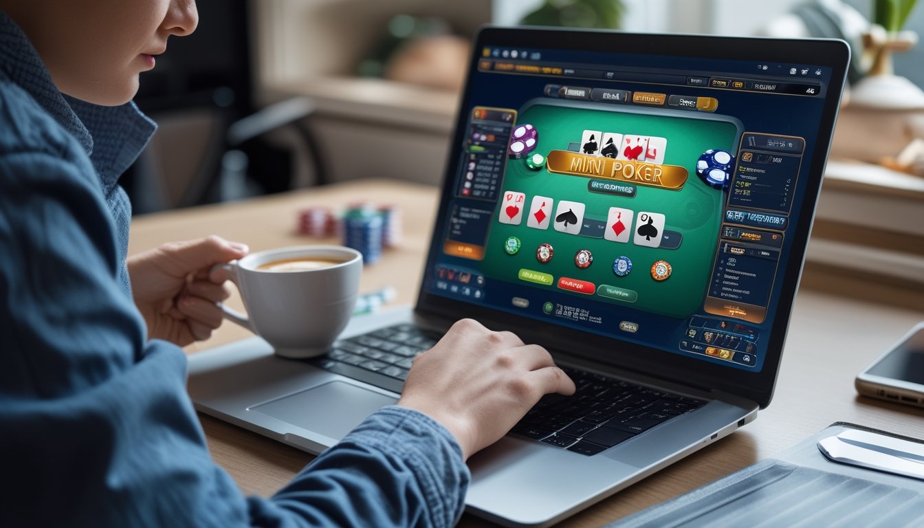 Seorang pemula sedang bermain permainan mini poker online di laptop dengan suasana kerja yang nyaman.