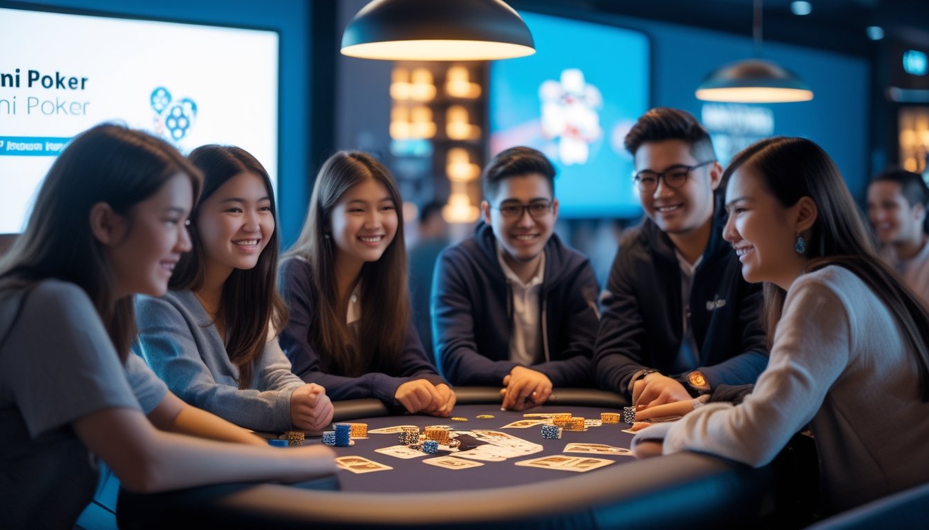 Sekelompok orang muda sedang belajar bermain mini poker di meja poker dengan suasana yang ramah dan modern.