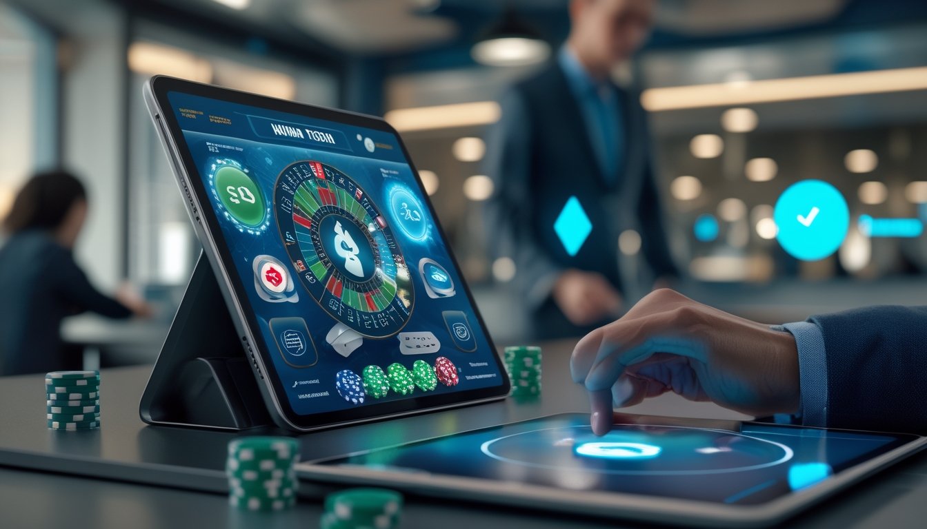 Seseorang menggunakan perangkat digital yang menampilkan permainan poker dengan chip dan kartu, di lingkungan kerja modern yang terang, menunjukkan sistem transaksi 24 jam.