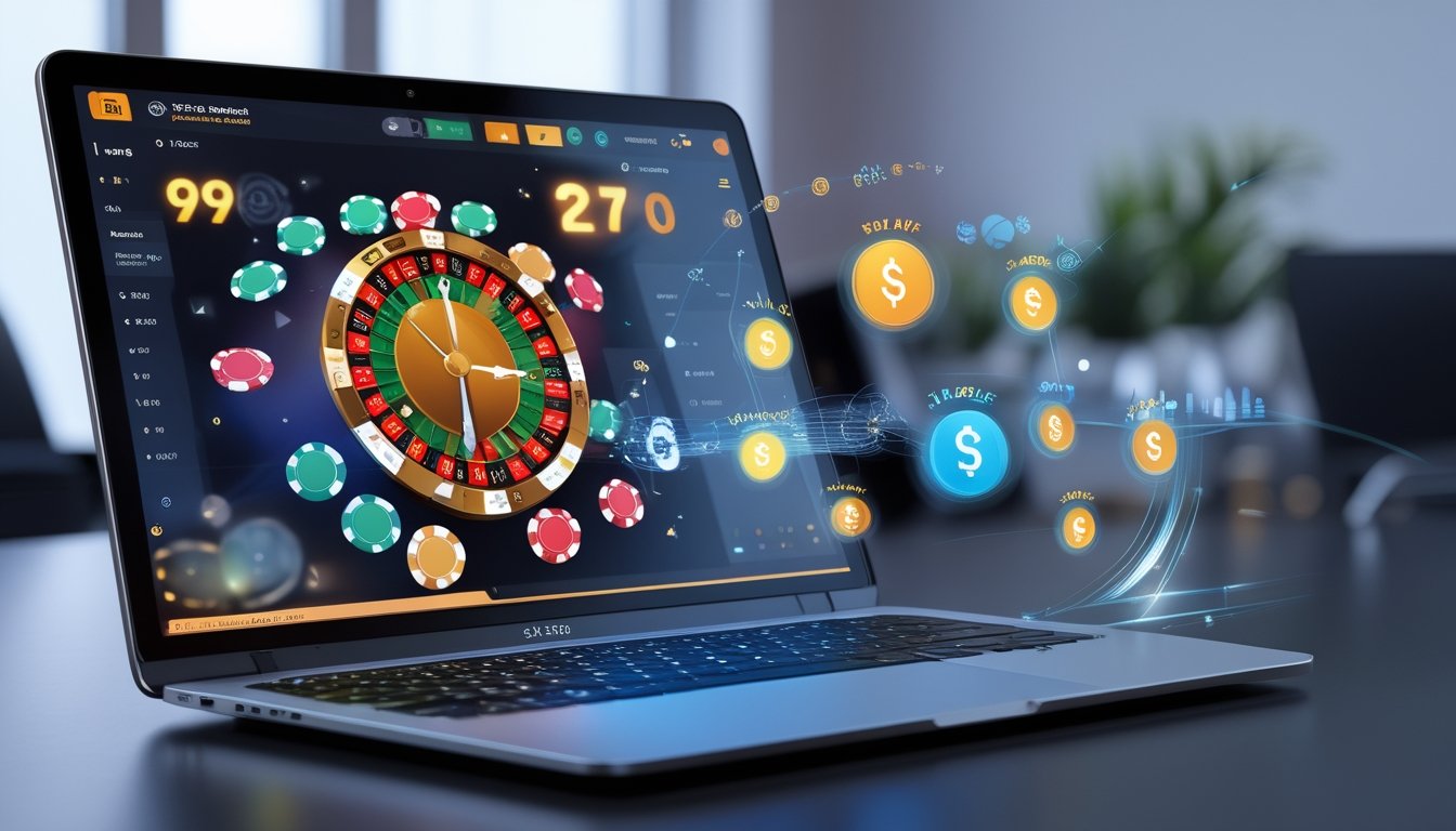 Seseorang menggunakan laptop dengan tampilan permainan poker dan simbol jam yang menunjukkan transaksi 24 jam.