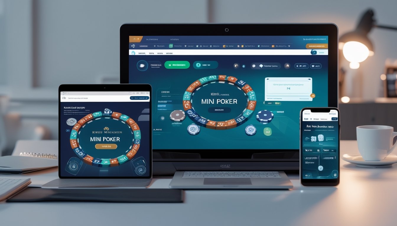 Tampilan beberapa perangkat dengan permainan poker mini yang stabil dan profesional di meja kerja yang rapi.