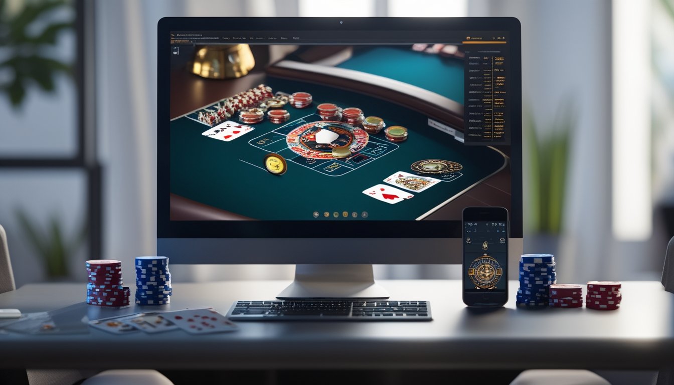 Sebuah meja kerja dengan monitor komputer menampilkan permainan poker, dilatarbelakangi oleh chip poker dan kartu remi, menggambarkan pengalaman bermain poker online yang stabil.