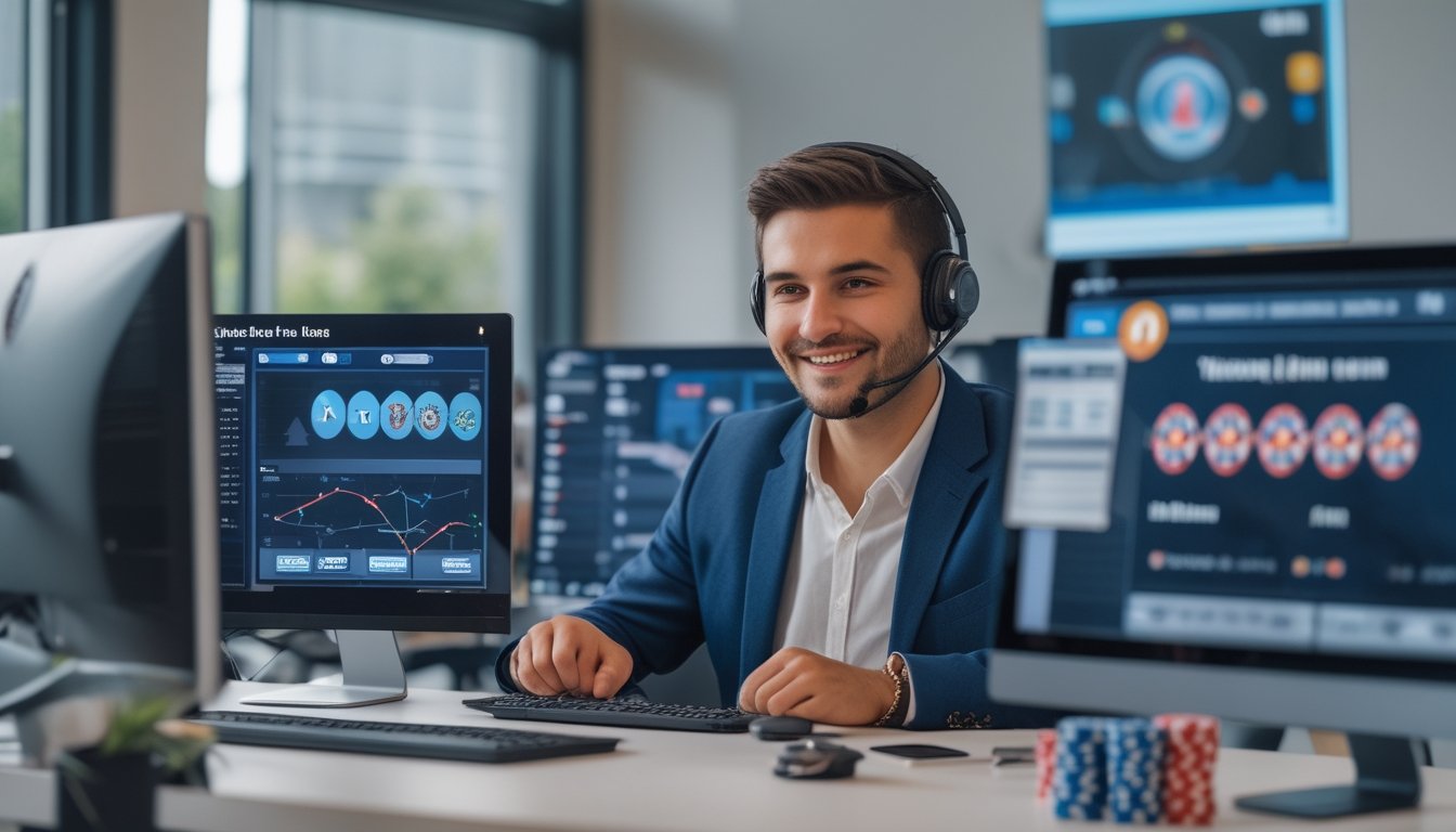 Seorang pria muda sedang duduk di meja dengan monitor beberapa komputer, mengenakan headset dan tersenyum saat berbicara, di ruang kantor yang rapi dengan elemen terkait permainan poker di sekitar meja.
