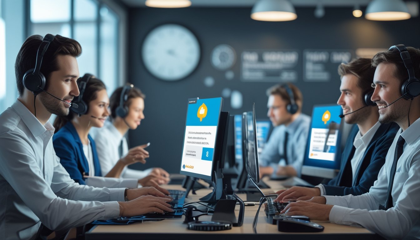 Tim layanan pelanggan sedang bekerja dengan headset di kantor modern yang terang, melayani pengguna platform mini poker secara responsif.