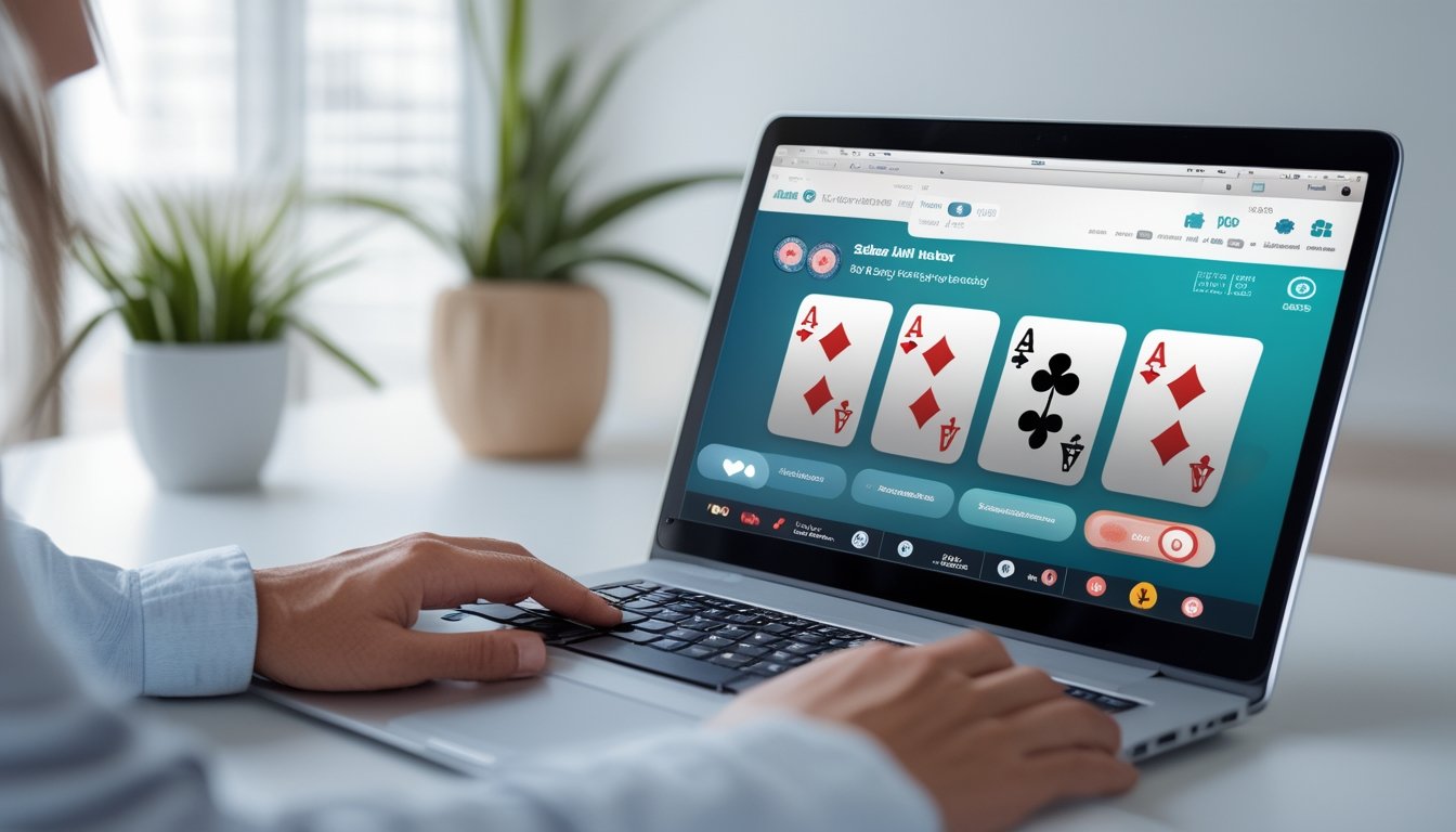 Seseorang menggunakan laptop dengan tampilan permainan Bandar Mini Poker yang mudah digunakan di sebuah ruang kerja yang terang dan rapi.