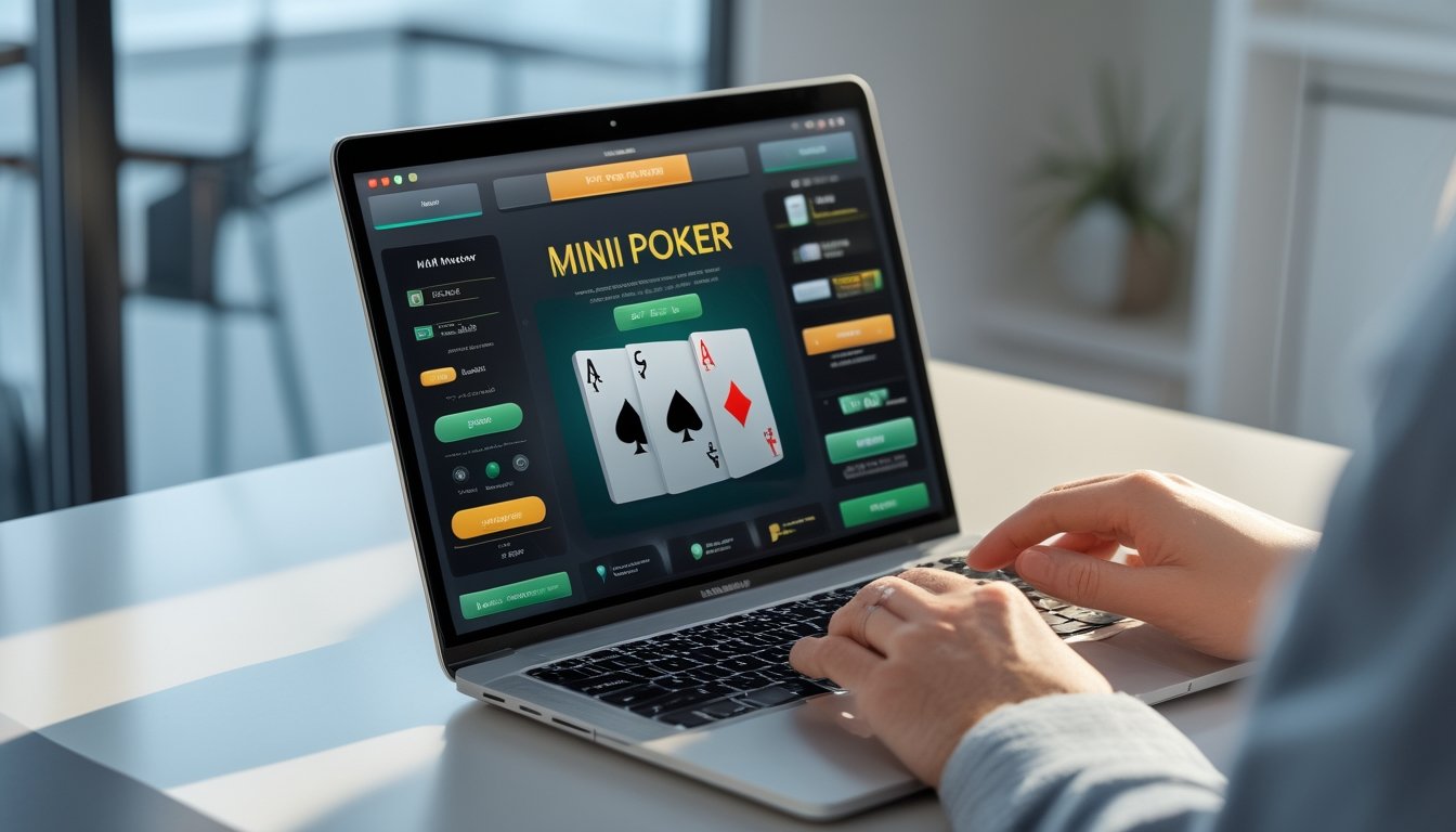 Seseorang menggunakan laptop dengan tampilan antarmuka platform mini poker yang mudah digunakan di meja kerja yang terang.