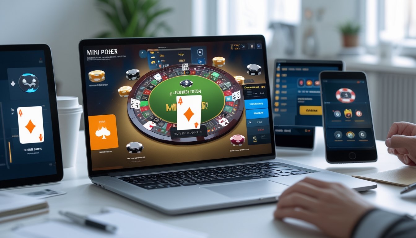 Sebuah meja kerja modern dengan laptop, tablet, dan ponsel yang menampilkan antarmuka permainan poker mini online, di dalam ruangan kantor yang terang dan rapi.