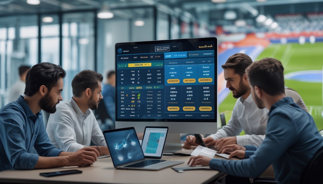 Orang-orang sedang menggunakan perangkat digital untuk melihat peluang taruhan sepak bola di sebuah kantor modern.