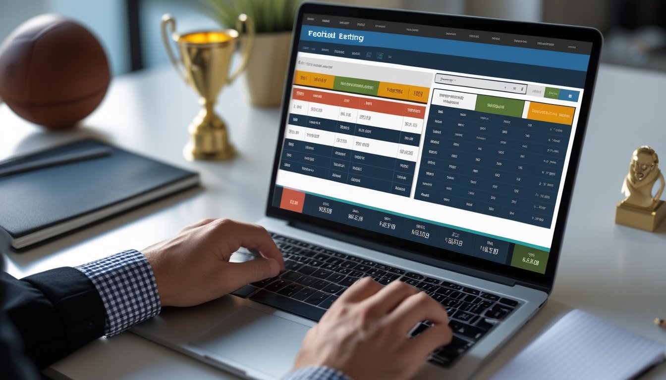 Seseorang menggunakan laptop yang menampilkan platform taruhan sepak bola dengan tabel odds dan statistik pertandingan.